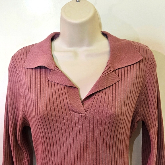 LOVE TREE Pink Mauve Ribbed, Collared Long Sleeve Dress, Size Large - Picture 5 of 16